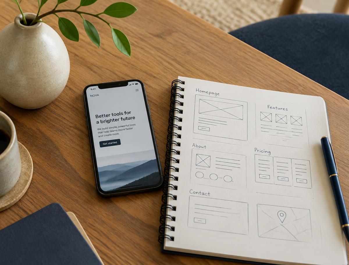 Bozze di un sito web su quaderno e smartphone
